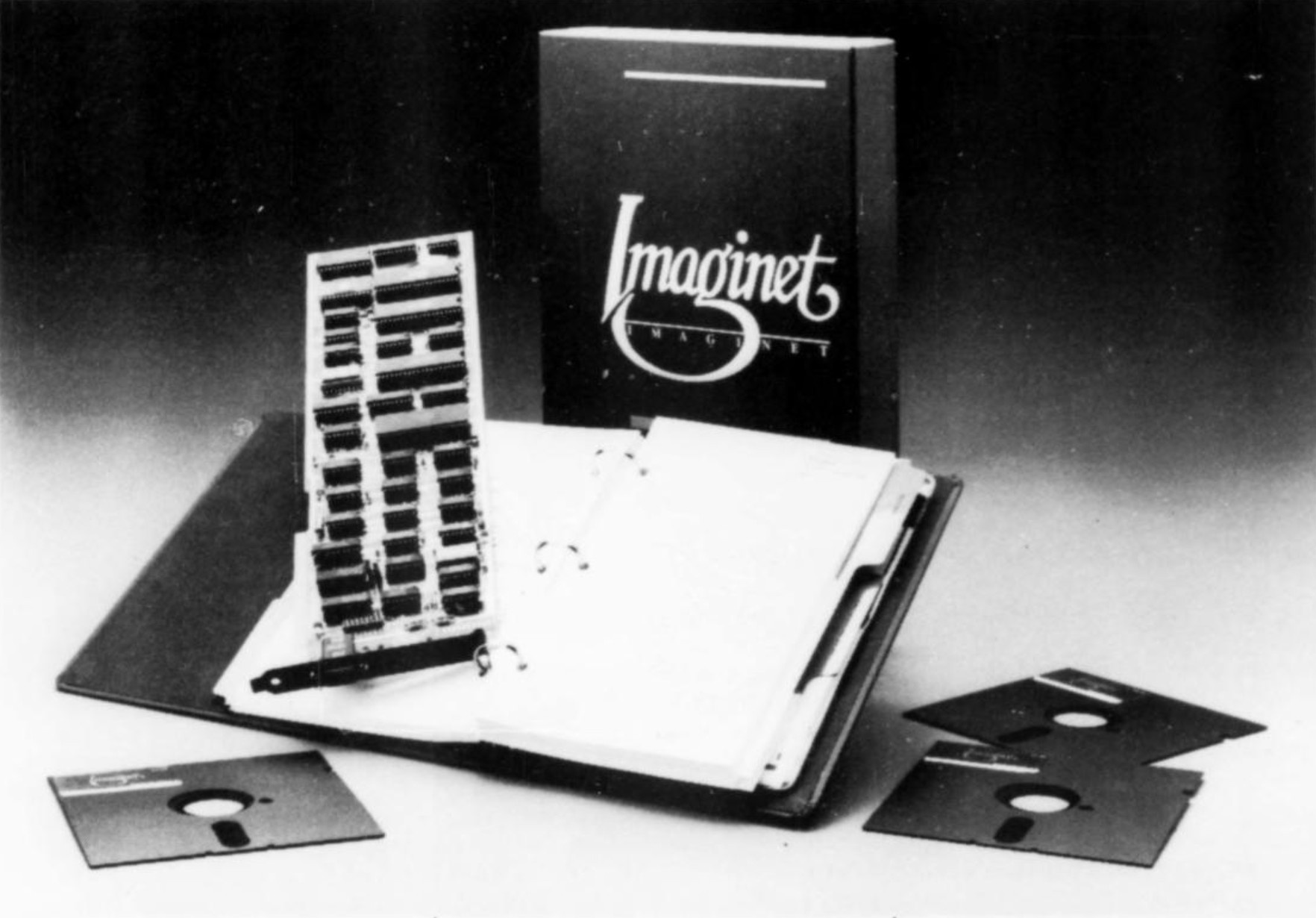 Boxed copy of Imaginet showing manual, floppy disks and ISA card