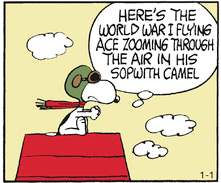 Illustration: Peanuts strip of Snoopy in his Sopwith Camel